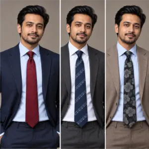 Three menswear looks pairing navy, charcoal and taupe jackets with burgundy, navy and black patterned ties