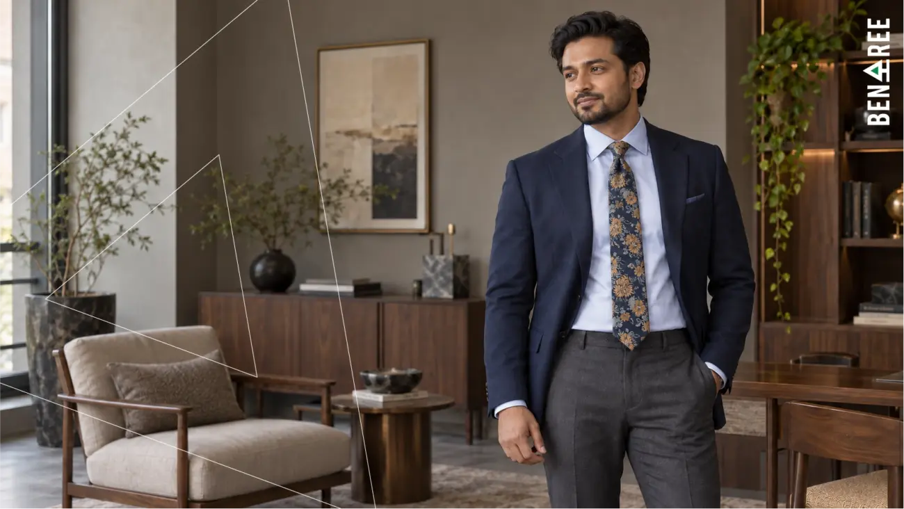 Winter fashion outfit with a navy blazer, pale blue shirt and navy tie featuring gold floral motifs