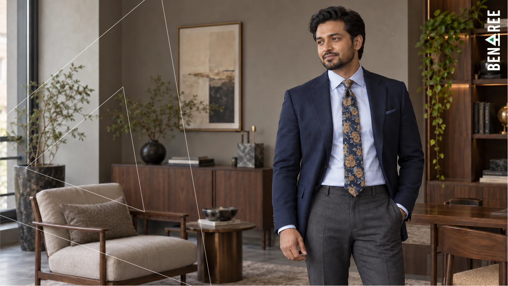 Winter fashion outfit with a navy blazer, pale blue shirt and navy tie featuring gold floral motifs